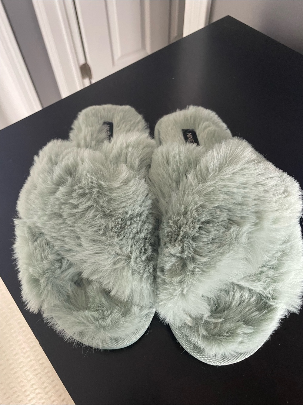 Nine West Sage Green Faux Fur Slide Slippers